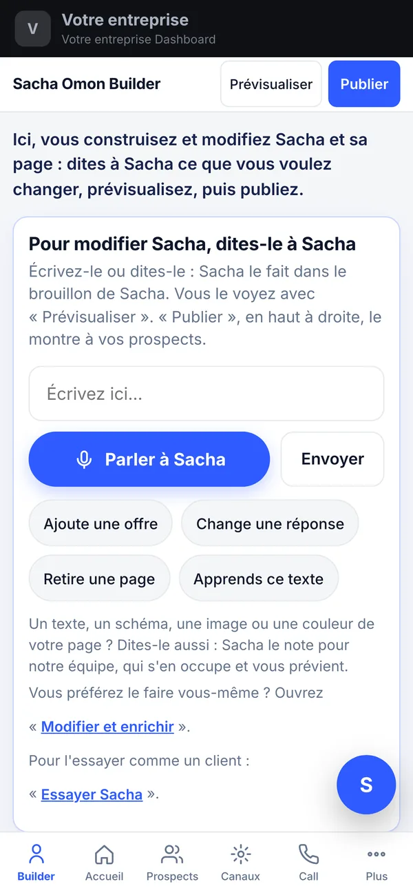 Sacha Omon AI Dashboard, sur téléphone