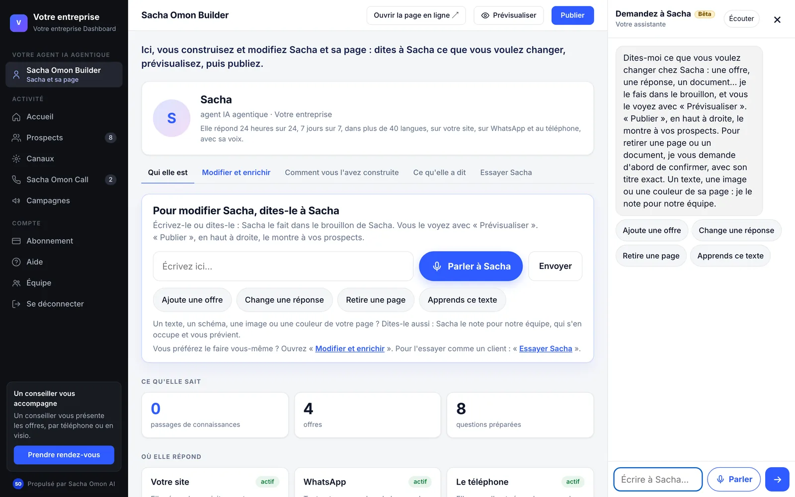 Sacha Omon AI Dashboard, sur ordinateur