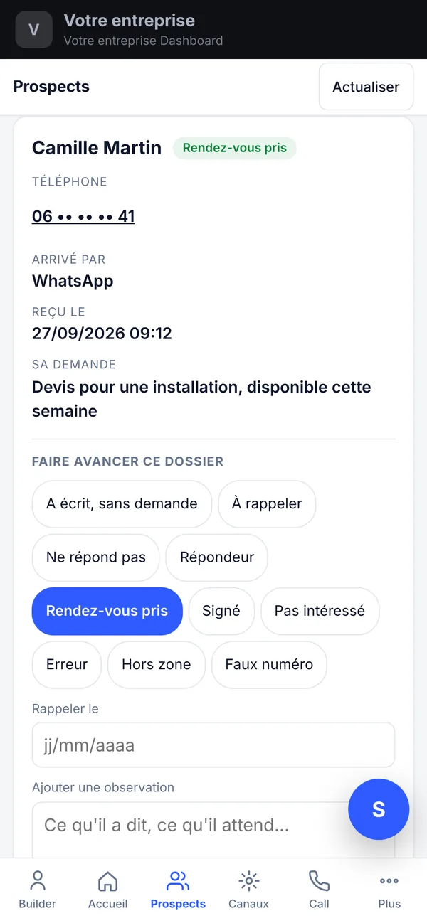 Les prospects dans Sacha Omon AI Dashboard, sur téléphone