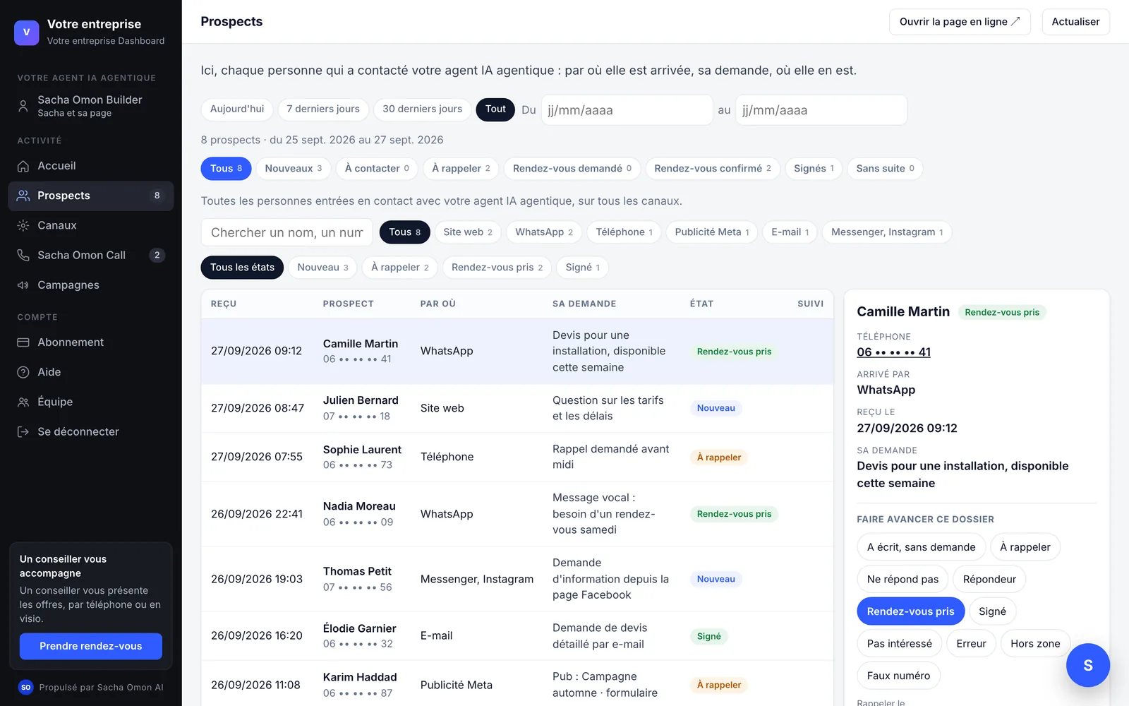 Les prospects dans Sacha Omon AI Dashboard, sur ordinateur