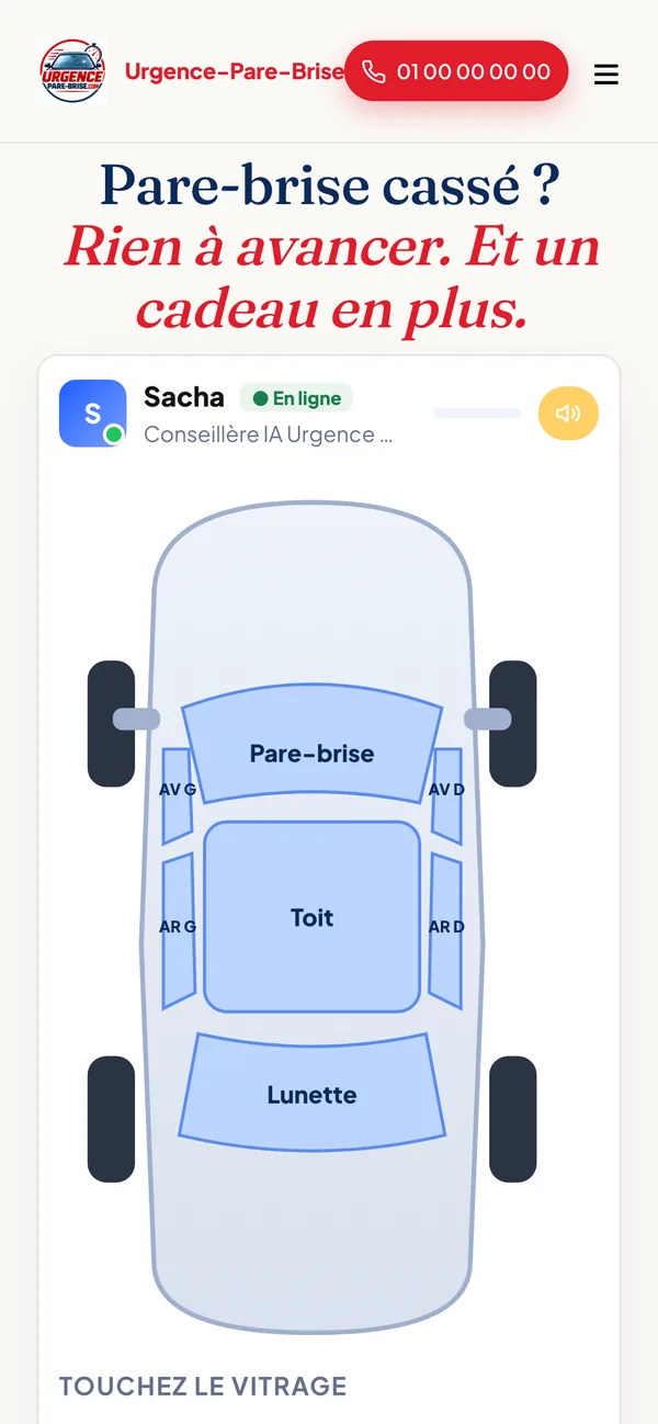 La page Urgence Pare-Brise, sur téléphone