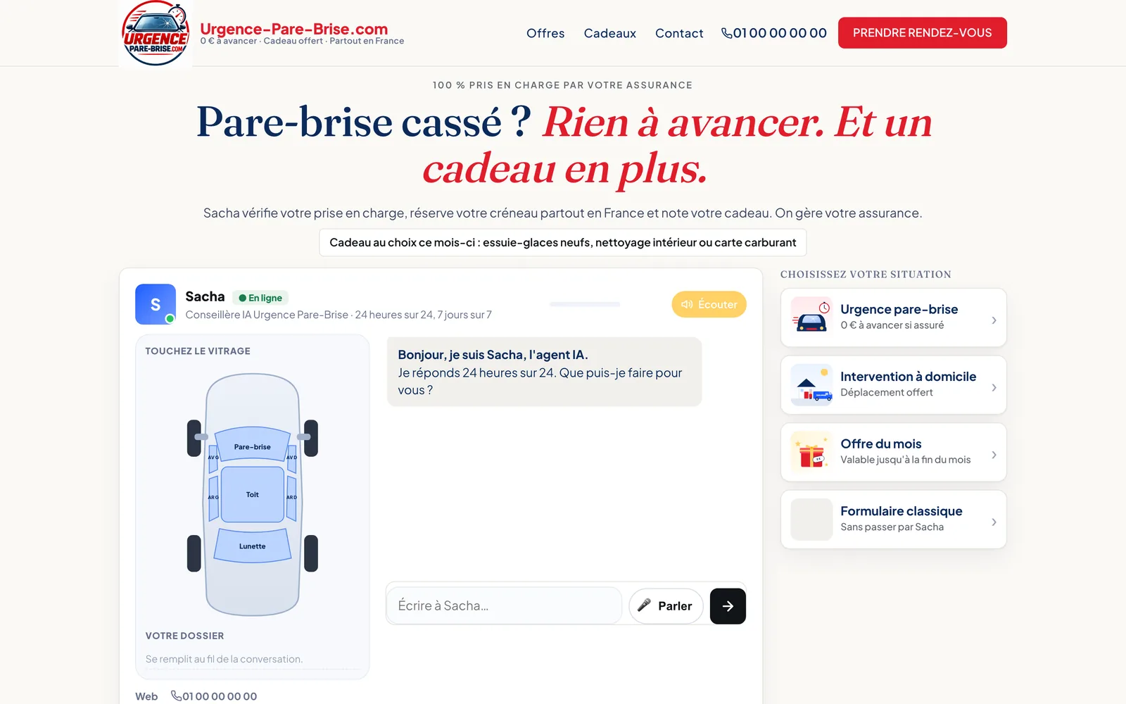 La page Urgence Pare-Brise, sur ordinateur