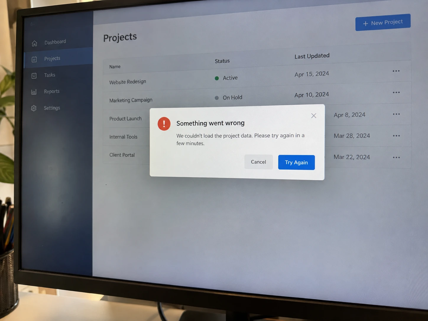 Photo sent: the “Something went wrong” message on the Projects page