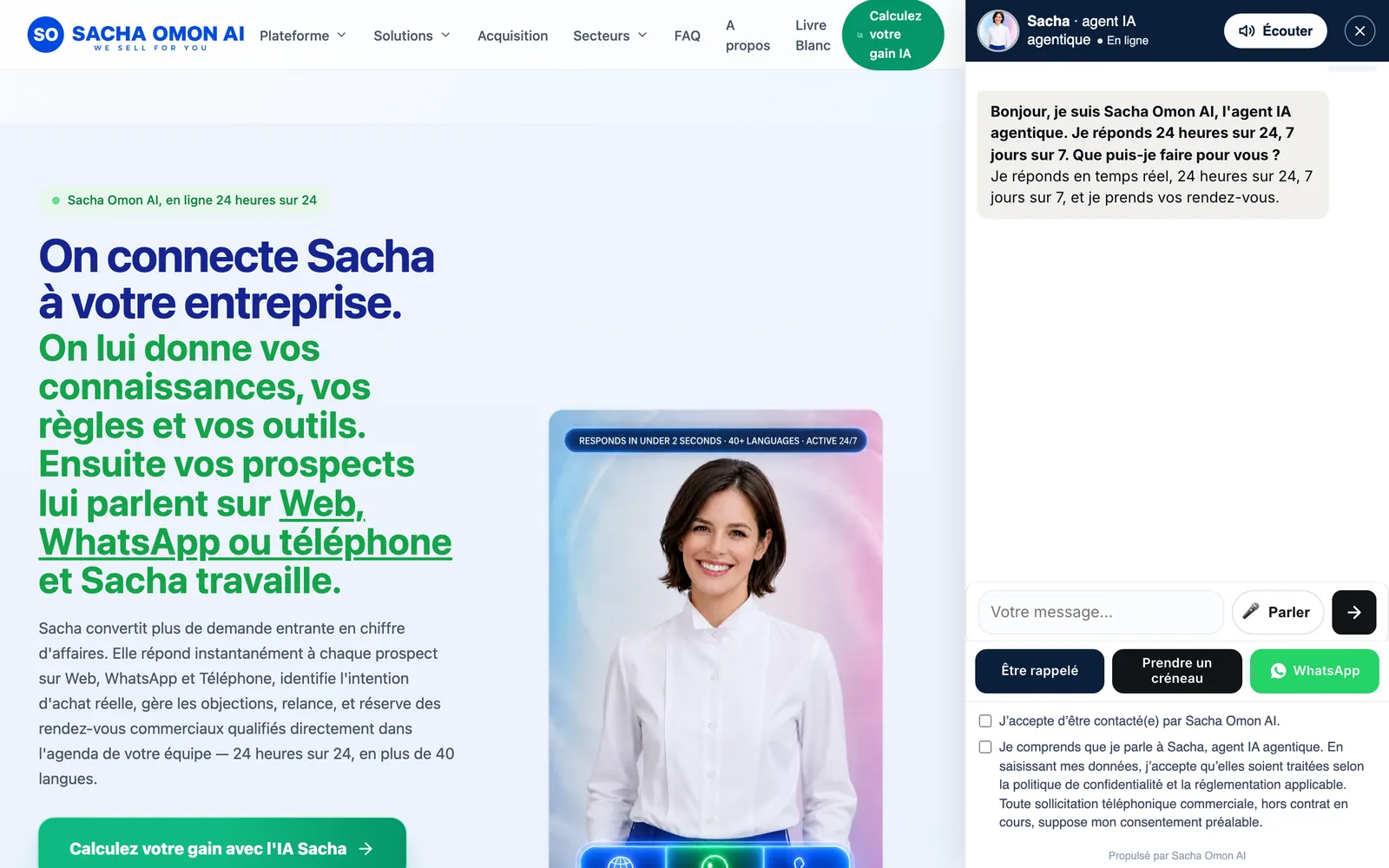 Le widget de Sacha Omon AI, sur ordinateur